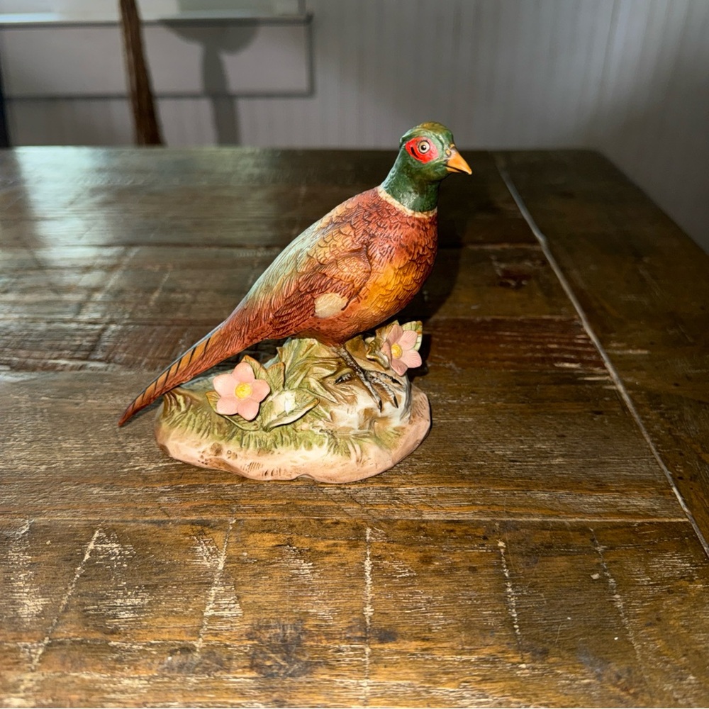 Homco Green and Ringneck Brown Pheasant Figurine on Floral Base